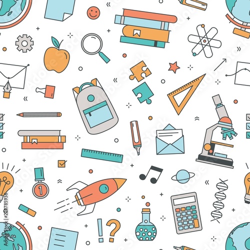 Modern seamless pattern with school supplies on white background. Backdrop wi...