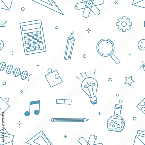 Modern seamless pattern with supplies for school, college or university educa...