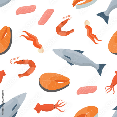Bright colored seamless pattern with fish, salmon steaks, shrimps, squids and other types of seafood on white background