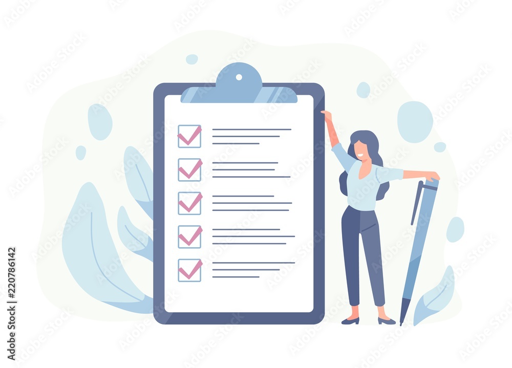 Happy woman standing beside giant check list and holding pen. Concept of successful completion of tasks, effective daily planning and time management. Vector illustration in flat cartoon style.