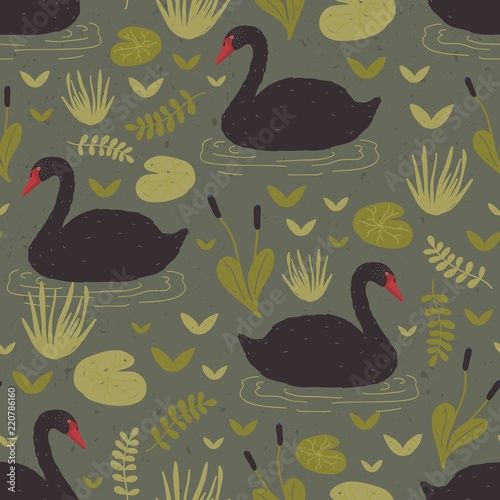 Colorful seamless pattern with gorgeous wild black swans floating in marsh or...