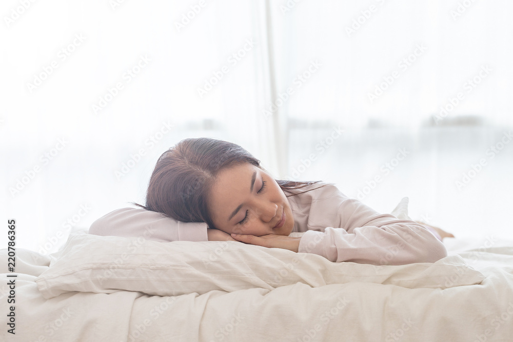 Beautiful Attractive Asian woman sleep and sweet dream on bed in bedroom in the morning feeling so relax and comfortable,Healthcare Concept Beautiful Attractive Asian woman sleep and sweet dream on bed in bedroom in the morning feeling so relax and comfortable,Healthcare Concept
