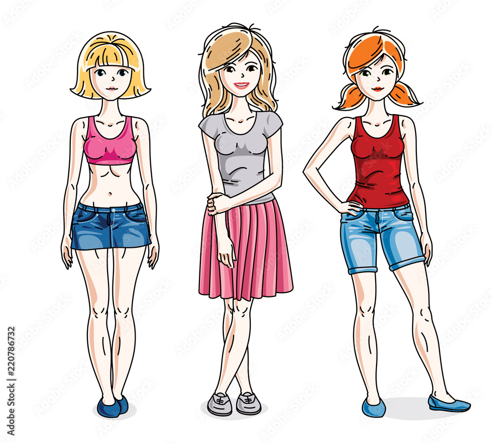 Attractive young adult girls standing in stylish casual clothes. Vector people illustrations set. Fashion and lifestyle theme cartoons. Attractive young adult girls standing in stylish casual clothes. Vector people illustrations set. Fashion and lifestyle theme cartoons.