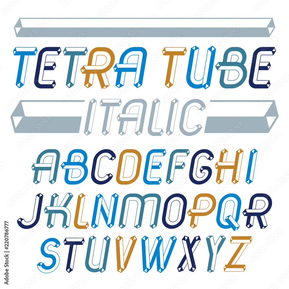 Set of trendy fun  vector capital English alphabet letters isolated. Special italic type font,  script from a to z can be used for logo creation. Made with industrial 3d packaging tube design.