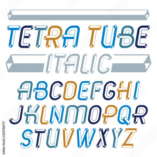 Set of trendy fun vector capital English alphabet letters isolated. Special italic type font, script from a to z can be used for logo creation. Made with industrial 3d packaging tube design.