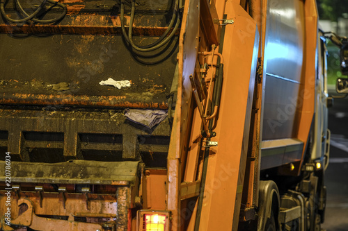 Moscow, Russia - August, 30, 2018: gagbage truck at night in Moscow. Russia photo