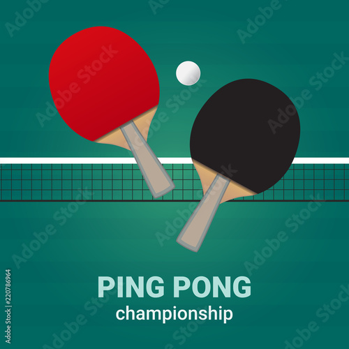 Ping pong or table tennis championship design. Bats, ball and net. Ping pong bats with red and black surface on a green ping pong table.