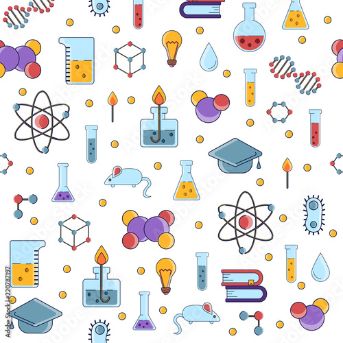 Science flat seamless pattern with scientific elements - molecule, atom structure, flask, glass, water and other on one simple educational and school endless background. photo