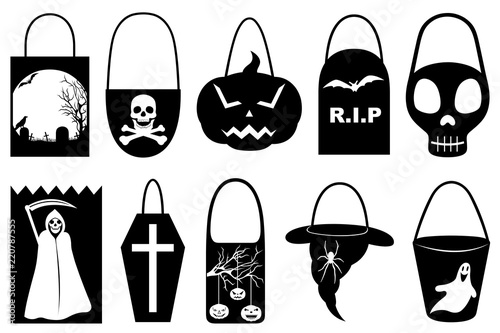 Set of different Halloween trick or treat bags isolated on white