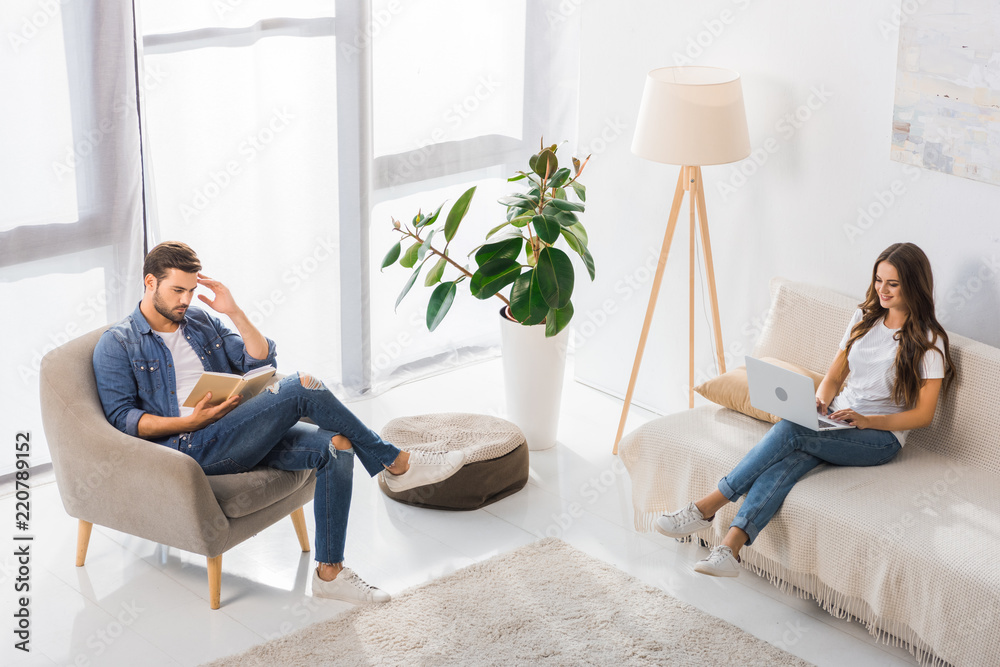 high angle view of man reading book on armchair while his girlfriend using laptop on sofa at home high angle view of man reading book on armchair while his girlfriend using laptop on sofa at home