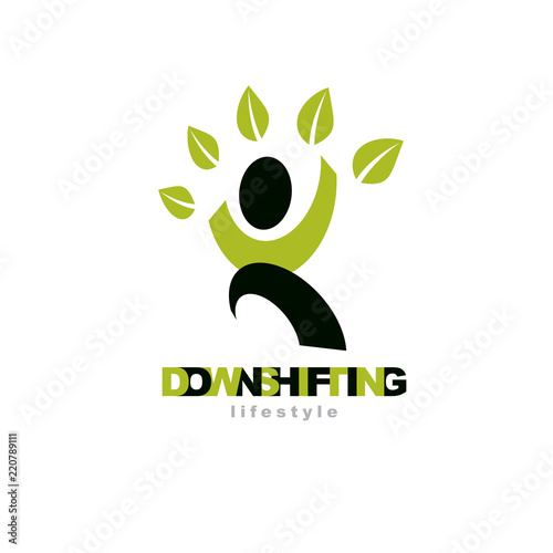 Vector illustration of joyful abstract individual with raised hands up. Downshifting concept logo. Wanderlust and countryside vacation icon. Green ecology metaphor.