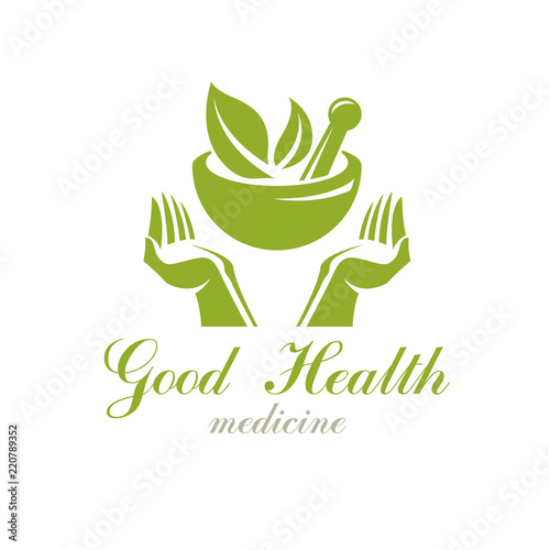 Caring hands holding mortar and pestle. Phytotherapy metaphor, vector graphic emblem can be used in medical treatment organizations.