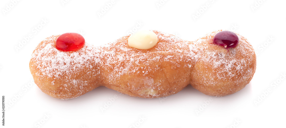 Tasty donut with jam on white background