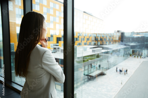Back view portrait of elegant businesswoman standing by window in office and looking outside, copy space