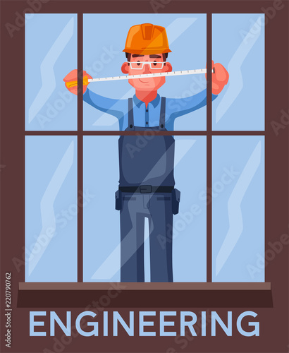 Funny engineer is measures  a window. Employee is working