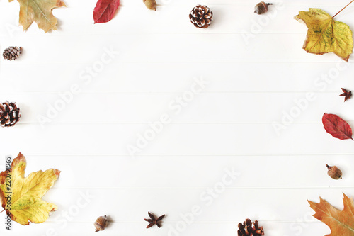 Autumn styled composition. Creative fall arrangement made of colorful maple, oak leaves, pine cones and acorns. Isolated natural objects on the white background. Space for text, flat lay, top view