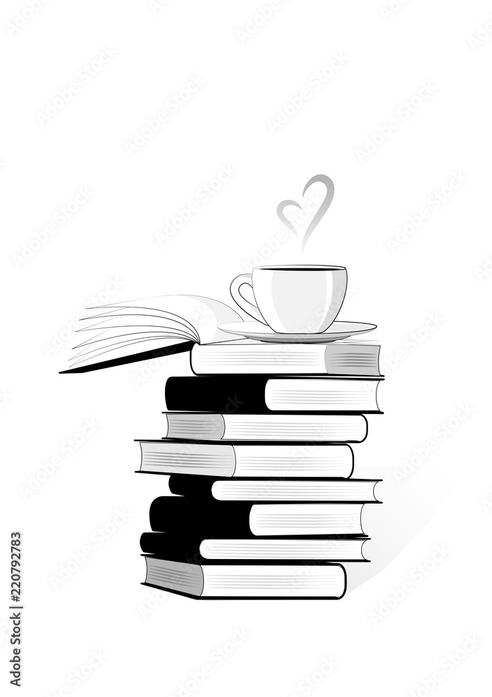 Fototapeta premium black and white stack of books and a cup of coffe or tea on the top isolated on the white background, vertical vector illustration