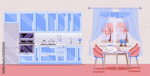 Flat illustration blue Kitchen set on pink background with kitchen accessories: fridge, oven, microwave. Dining table with 4 chairs by window with transparent curtains, tea, teapot. autumn outside .