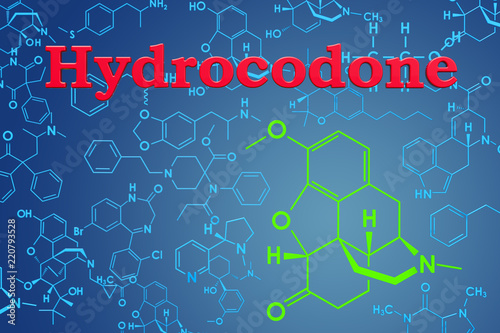 Hydrocodone. Chemical formula, molecular structure. 3D rendering photo