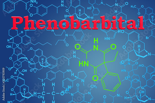 Phenobarbital. Chemical formula, molecular structure. 3D rendering photo