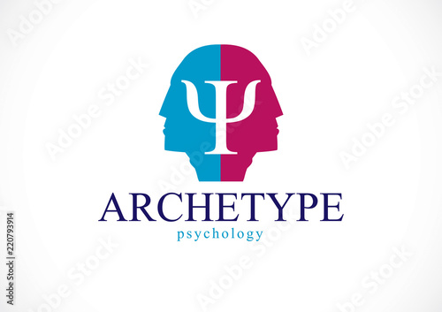 Psychology and mental health concept, created with double man head profile as an archetype and shadow, psychoanalysis, individuality and psychical problems. Vector logo or icon design.