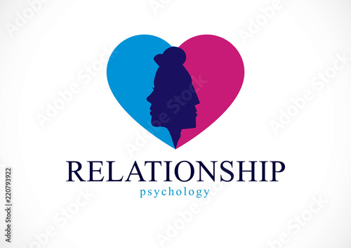Relationship psychology concept created with man and woman heads profiles, vector logo or symbol of gender problems and conflicts in family, close relations and society. Classic style simple design.
