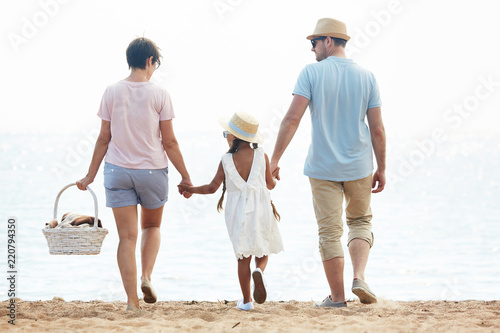 Back view portrait of modern happy family holding hands while walking towards water ready for picnic on beach photo