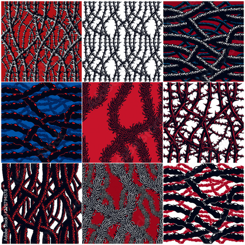 Disgusting horror art and nightmare seamless patterns set, vector backgrounds collection. Hard Rock and Heavy Metal subculture music textile fashion stylish design.