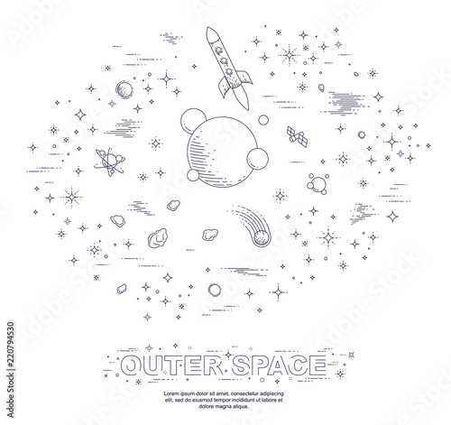 Fantastic undiscovered galaxy with unknown planets, science fiction, with rockets, stars and other elements. Explore universe, breathtaking space science. Thin line 3d vector illustration.