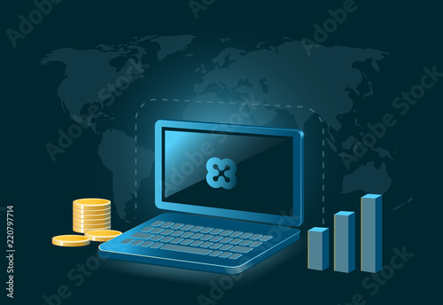 Ethos Cryptocurrency Coin Global Laptop Trade Background 