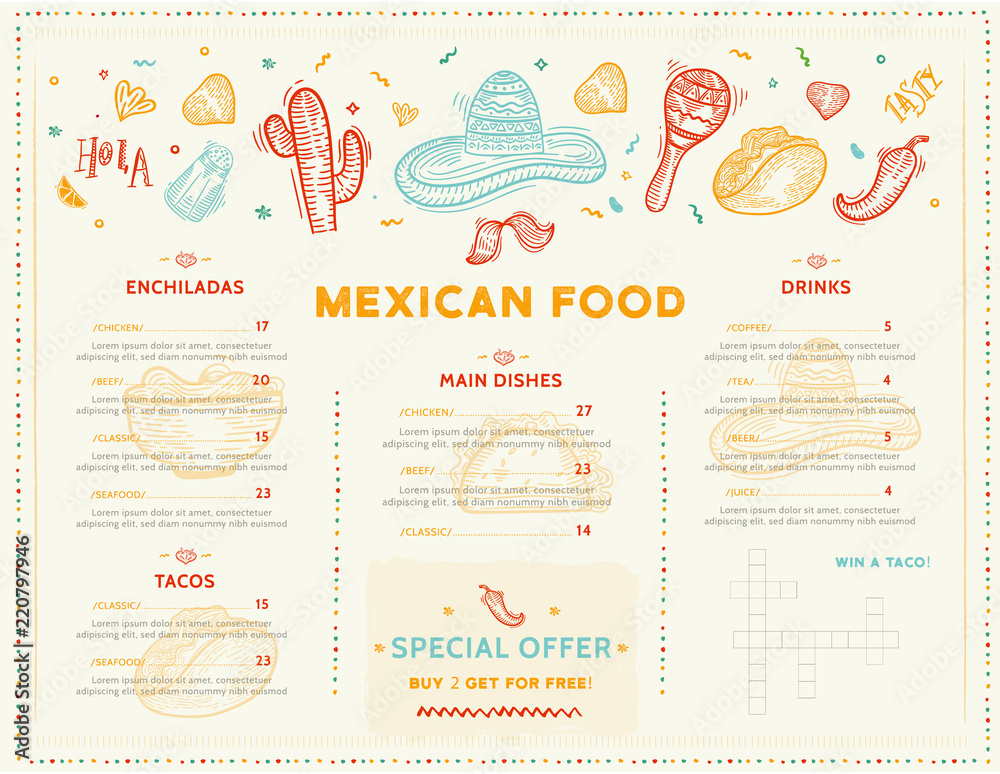 Φωτογραφία Mexican Food Restaurant menu, template design with sketch icons of Chili pepper, sombrero, tacos, nacho, burrito