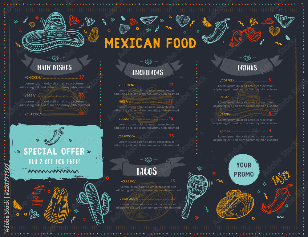 Vettoriale Stock Mexican Food Restaurant menu, template design with sketch  icons of Chili pepper, sombrero, tacos, nacho, burrito.Chalkboard Food  flyer for promotion, site banner | Adobe Stock