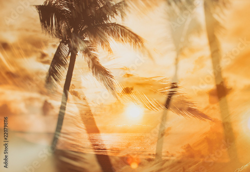 Photography Retro style background on which there is sunset on the beach with palm trees
