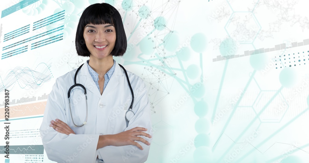 Composite image of doctor standing with arms crossed against Composite image of doctor standing with arms crossed against