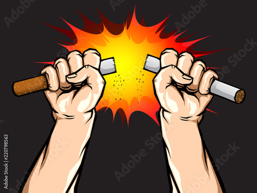 Male Hand Breaking or Destroy the Cigarette, Concept Vector of Quit Smoking or No Tobacco World Free Day.