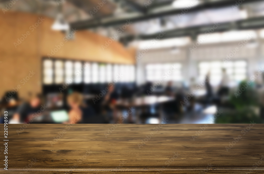 Selected focus empty brown wooden table and Coffee shop or restaurent blur background with bokeh image. for your photomontage or product display