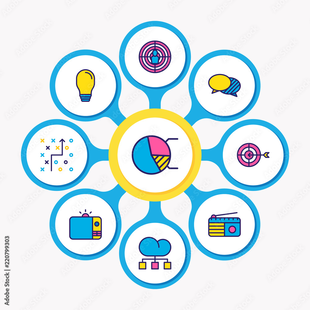 Vector illustration of 9 marketing icons colored line. Editable set of  strategy, radio, aim and other icon elements. Stock Vector | Adobe Stock