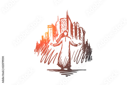 Megapolis, big city, businessman, islam, muslim concept. Hand drawn isolated vector.