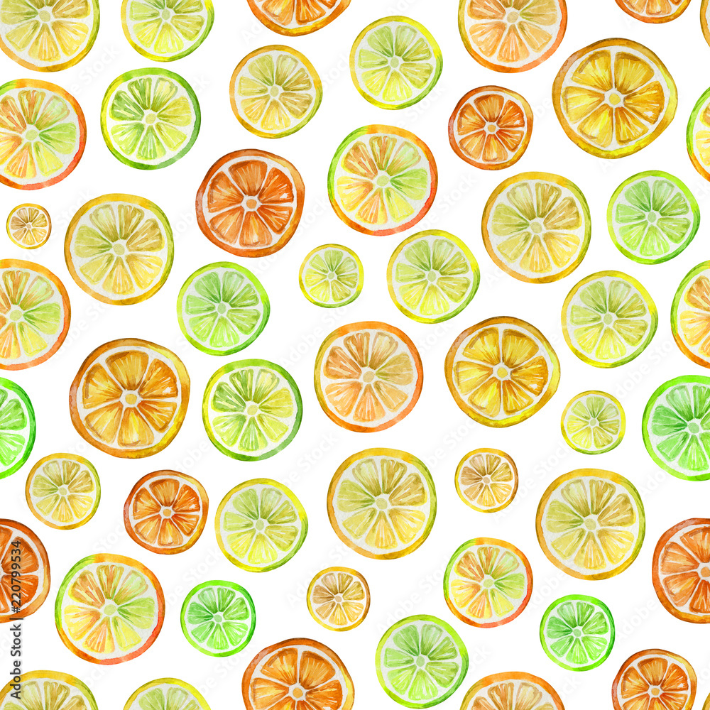 Seamless pattern with lovely colorful citrus slices. Watercolor painting. Hand drawn summer illustration.