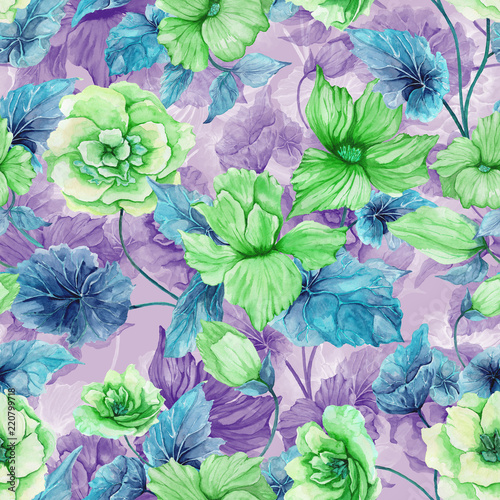 Beautiful green begonia flowers with leaves on purple background. Seamless floral pattern.  Watercolor painting. Hand painted botanical illustration.