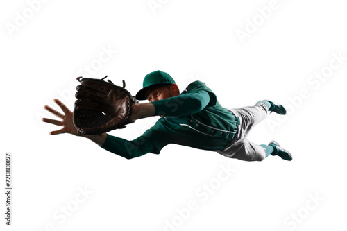 Isolated Baseball shortstop catches the ball on white background