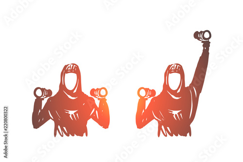 Fitness, training, sport, hijab, women concept. Hand drawn isolated vector.