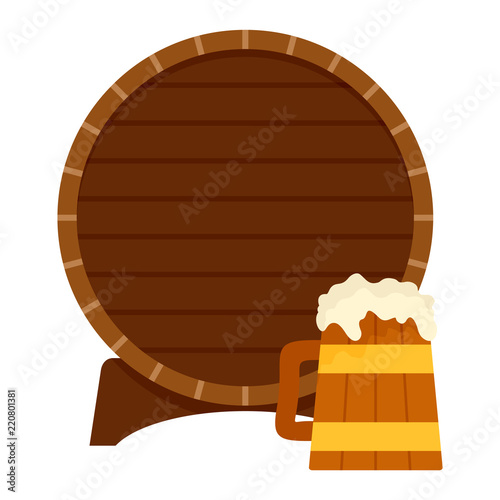 Wood barrel and beer mug icon. Flat illustration of wood barrel and beer mug vector icon for web design