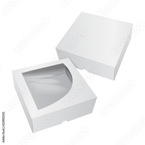 Cardboard Cake White Box. For Fast Food, Gift, etc. Vector Mockup. Carry Packaging. Template set of package.
