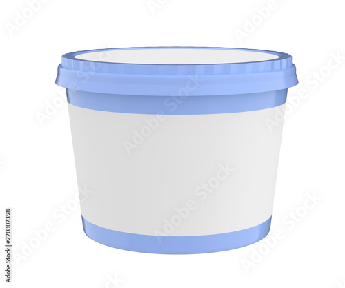 3D realistic render of White Food Plastic Tub Container For Dessert, Yogurt, Ice Cream, Sour Sream Or Snack. Ready For Your Design. Blue lid. 