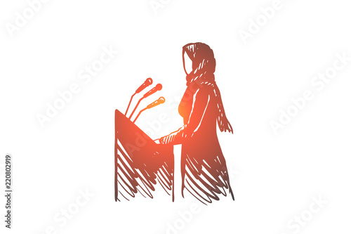 Interview, politics, hijab, woman, speaker, Arab concept. Hand drawn isolated vector.