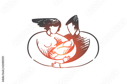 Birth, mom, dad, child, lactation, family concept. Hand drawn isolated vector.
