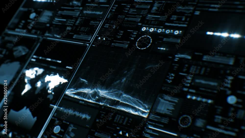 Perspective view of futuristic interface/Digital screen.Detailed abstract background with blinking and switching indicators and statuses showing work of command center, processing big data, machine de Perspective view of futuristic interface/Digital screen.Detailed abstract background with blinking and switching indicators and statuses showing work of command center, processing big data, machine de
