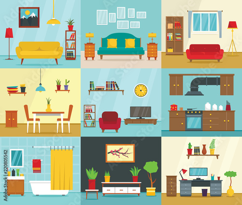 Interior banner set. Flat illustration of interior vector banner set for web design
