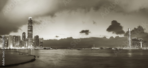 Photography Panorama of Victoria Harbor of Hong Kong at dusk